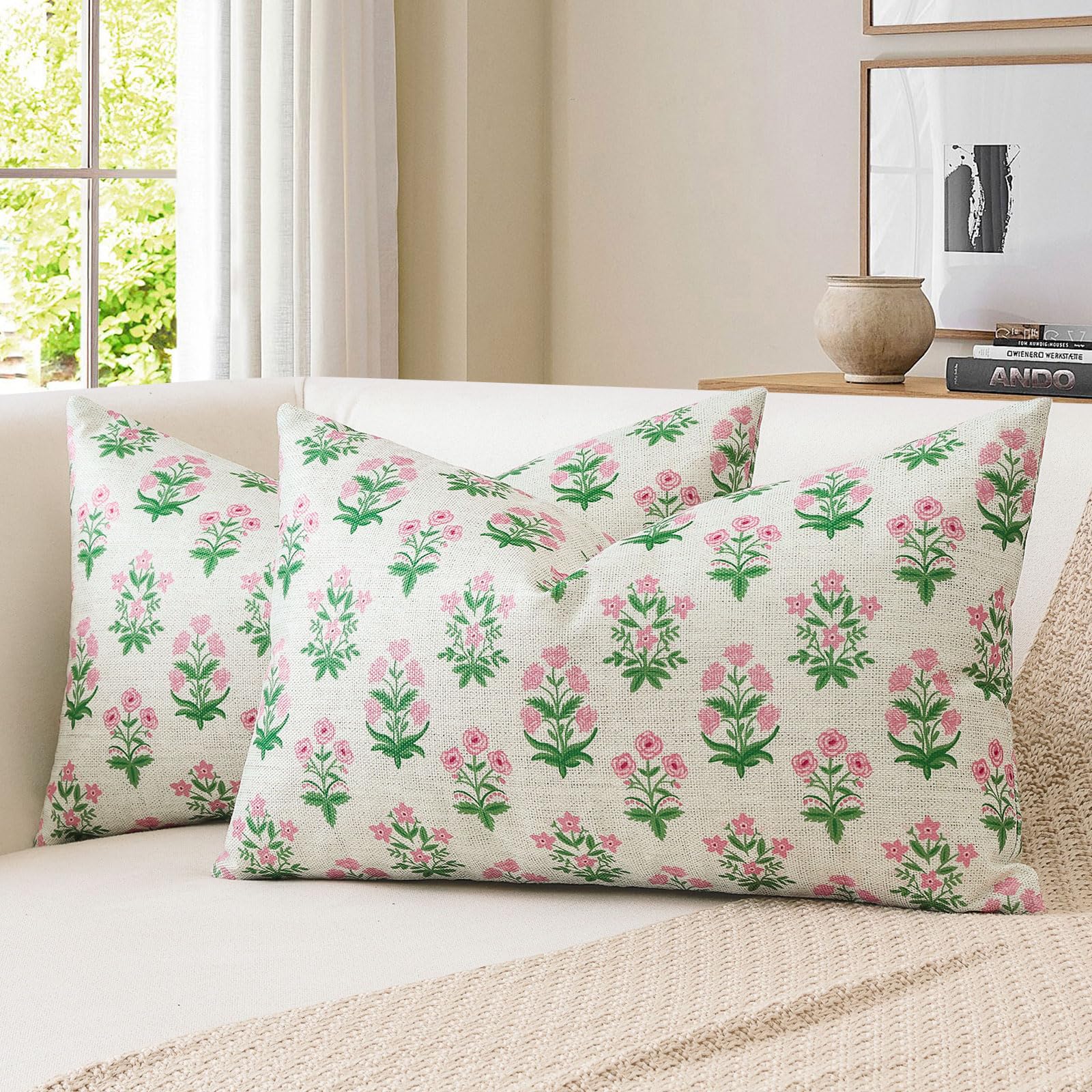 JOTOM Pink Green Floral Cushion Covers 40x60 cm Set of 2 Double Sided Vintage Flower Printed Pillow Covers Farmhouse Decorative Throw Pillow Cases for Couch Sofa Bedroom (Pink Green)