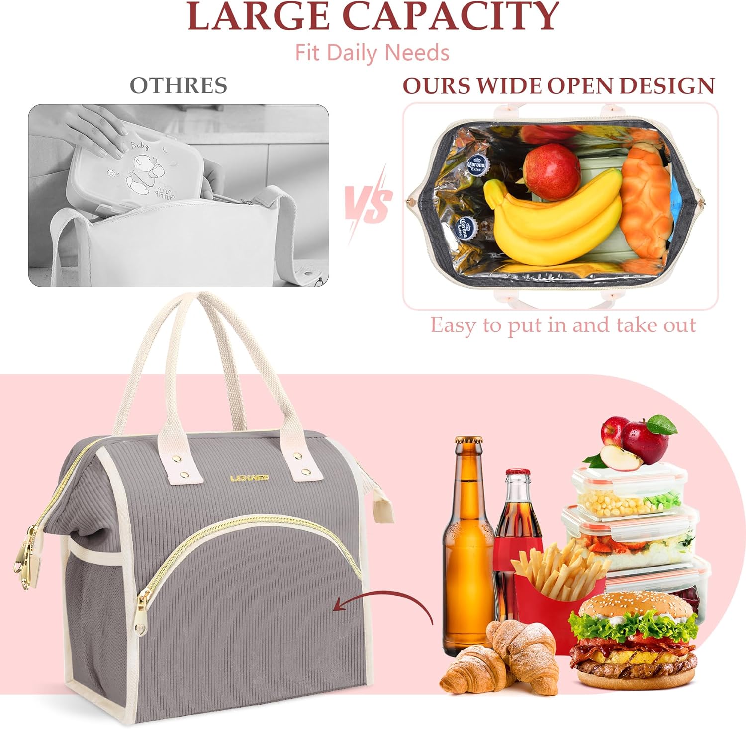 LOKASS Lunch Bag Women Insulated Lunch Box Wide-Open Lunch Tote Bag Large Cooler Bag for Work Picnic Hiking Beach（Dark Gray） - Image 2