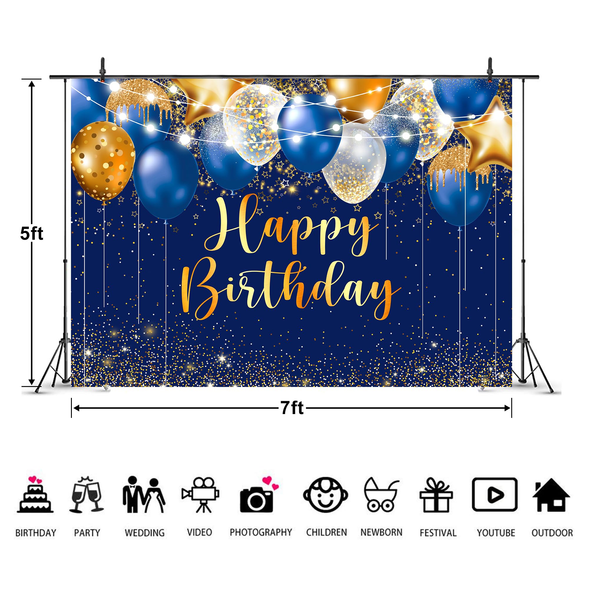 Aperturee Blue And Gold Happy Birthday Backdrop 5x3ft Glitter Golden Dots Diamonds Balloons Women Girls Sweet 16 Bday Photography Background Party