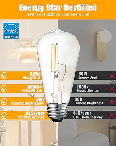 Miniatura 5 de MASTERY MART Paquete de 6 bombillas LED Edison vintage, bombilla LED E26 de 5.5 W equivalente a 60 W, regulable, blanco suave 2700 K, bombillas de