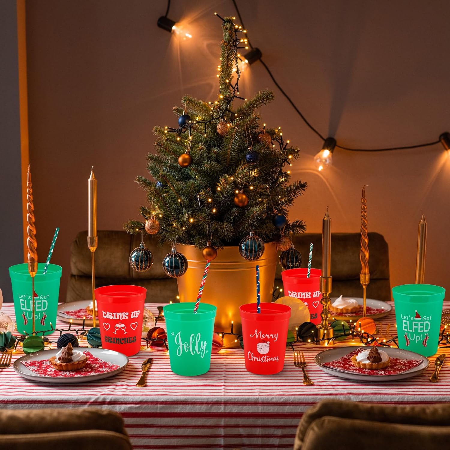 Christmas Party Cups Set - 24-Pack Red & Green Plastic Cups with Festive Holiday Designs, Includes Matching Straws for Xmas Celebrations (Santa, Grinch, Elf Themes) - Image 3