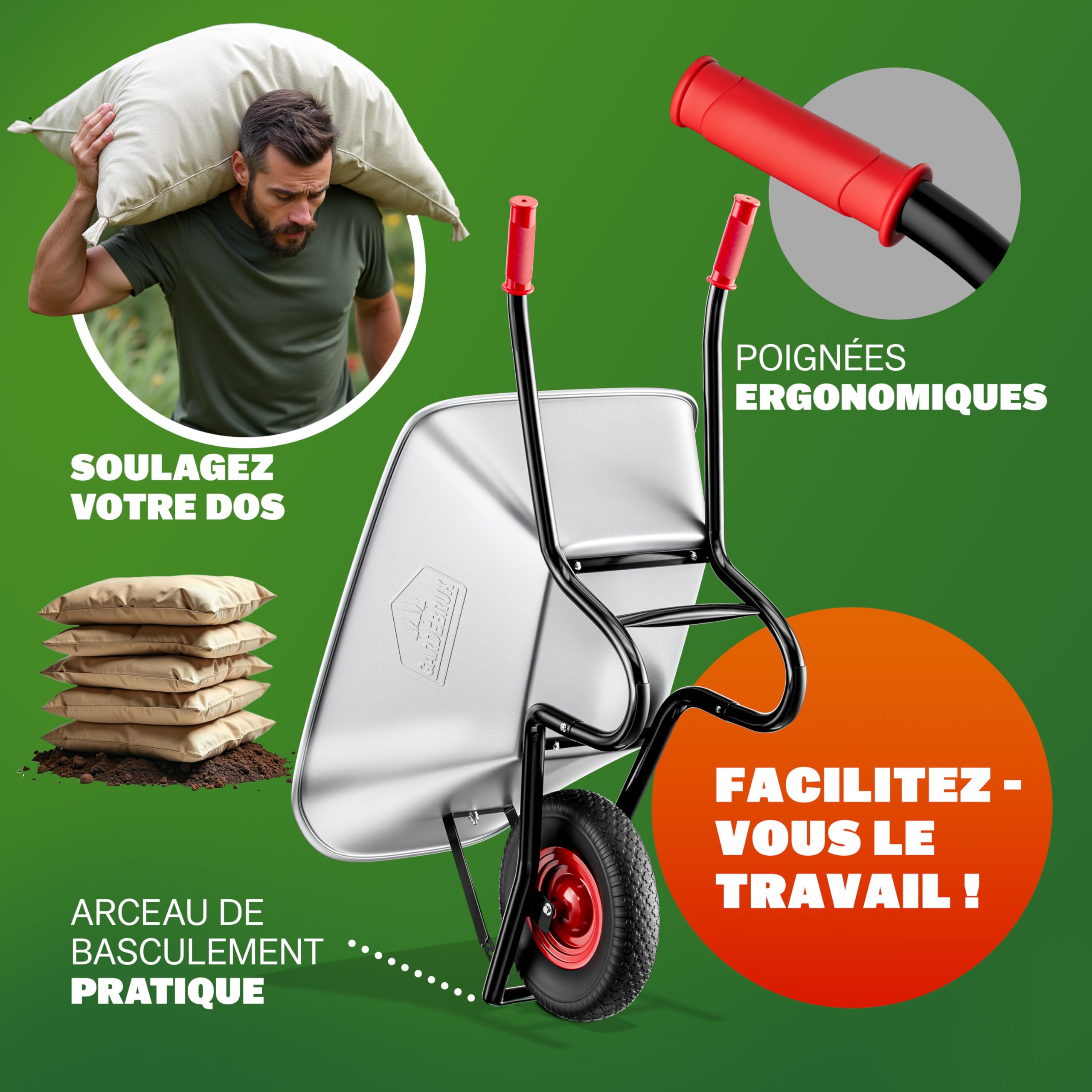 GARDEBRUK® Brouette Galvanisée 100 L pour Jardin avec Cuve Zinguée Acier Stable Roue Pneumatique Tout Terrain Type Chariot Jardinage Charge Max 250 Kg
