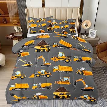 3 Pcs Twin Bedding Set for Boys, Grey Kids Construction Truck Comforter Sets, Excavator Truck Twin Boys Bedding Sets for All Season