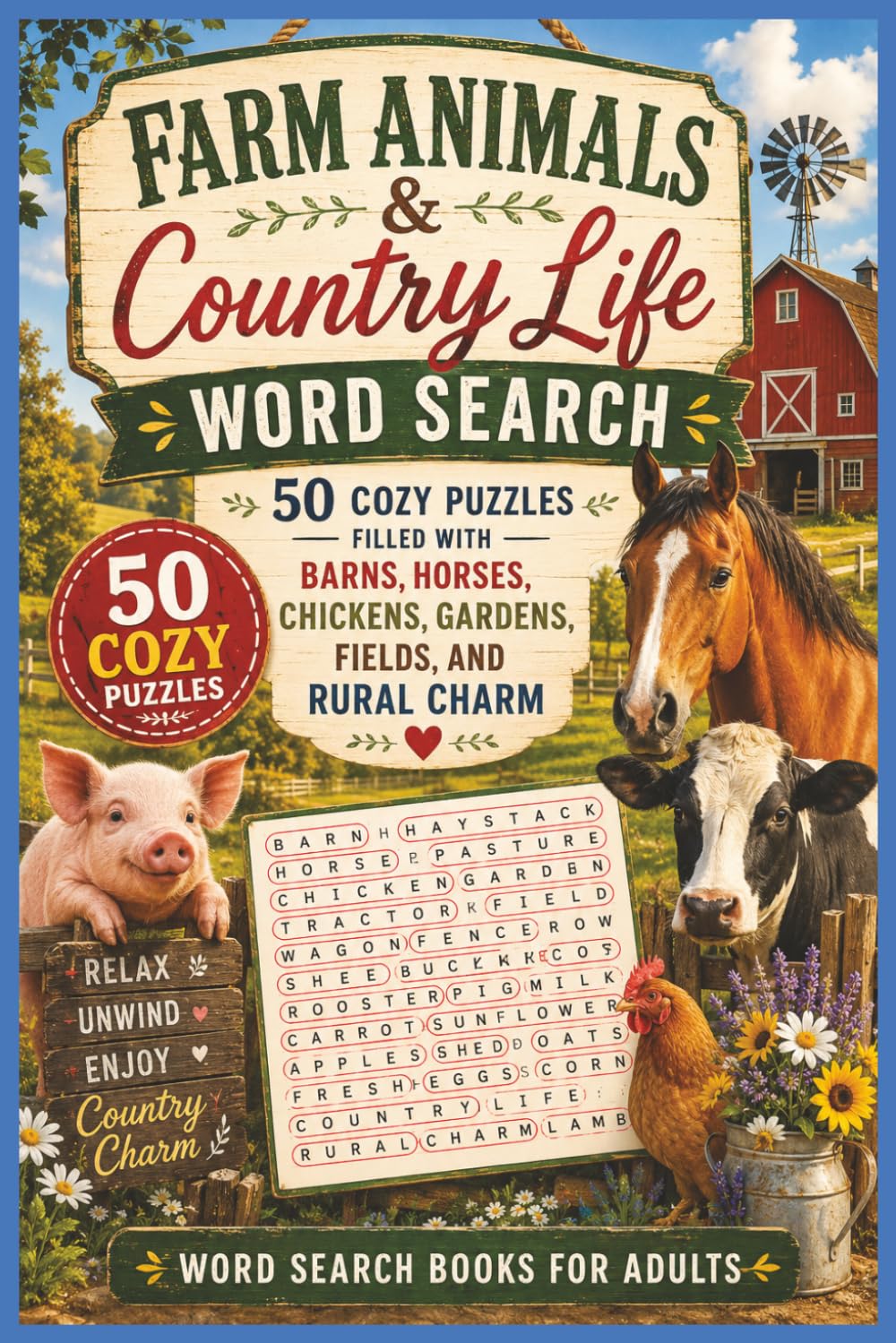 Farm Animals & Country Life Word Search: 50 Cozy Puzzles Filled with Barns, Horses, Chickens, Gardens, Fields, and Rural Charm — Word Search Books for Adults (Word search books collection)
