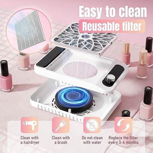 Miniatura 5 de Aspirador colector de polvo de uñas para técnicos de uñas  Potente succión, ventilador silencioso de 3 velocidades, filtro HEPA reutilizable,