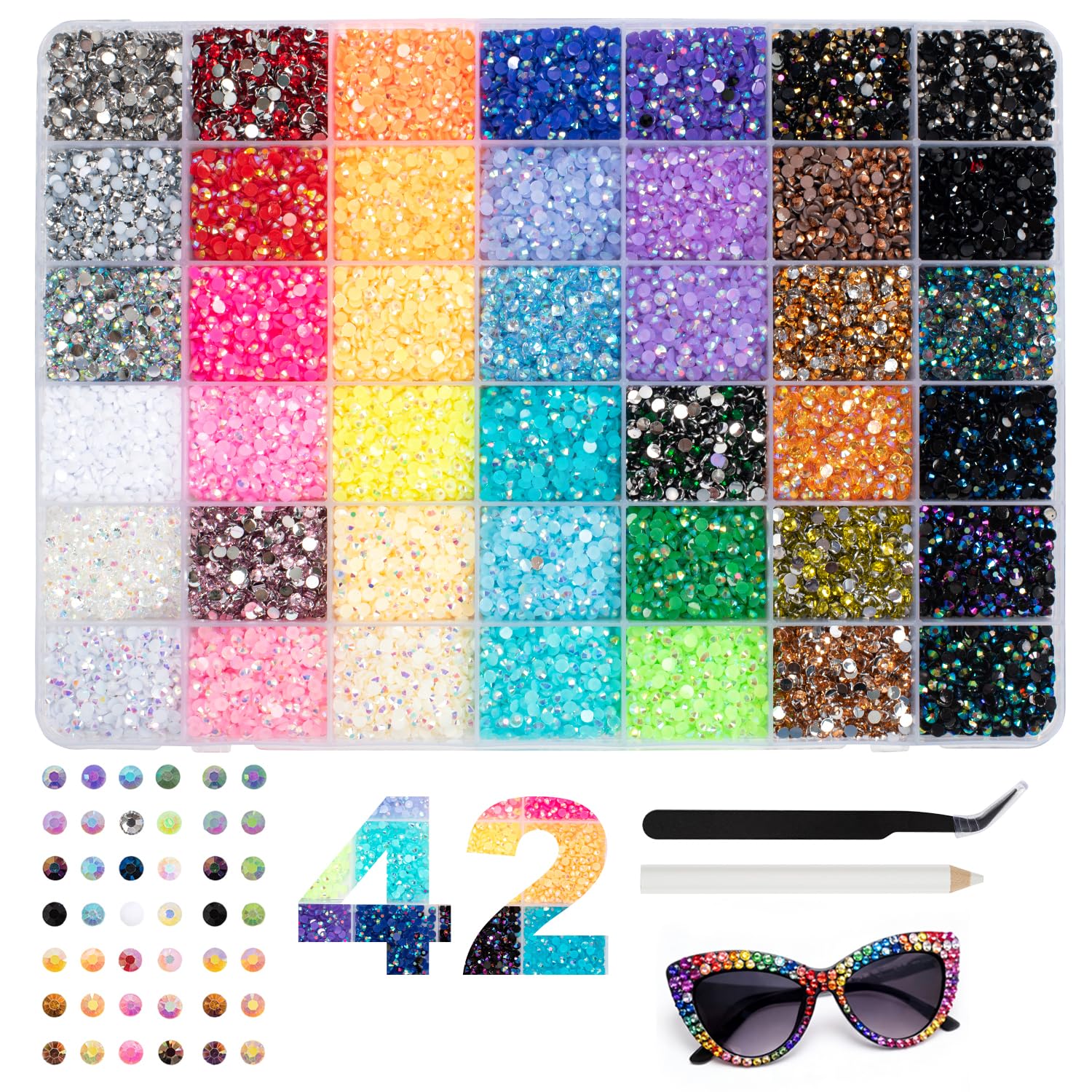 Vinuwu Bedazzling Kit, kit di strass Bedazzling in 42 colori, 32000+pezzi da 3 mm con retro piatto, per Bedazzling con penna, kit di gemme per nail art, ciondoli, abbigliamento, scarpe, libri