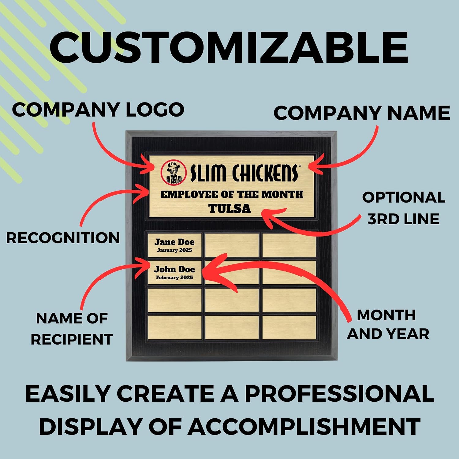 Custom Perpetual Plaque, Employee of The Month, Salesman of The Month Appreciation Award Gold Plates on Matte Black Pressed Board (12 Plate)