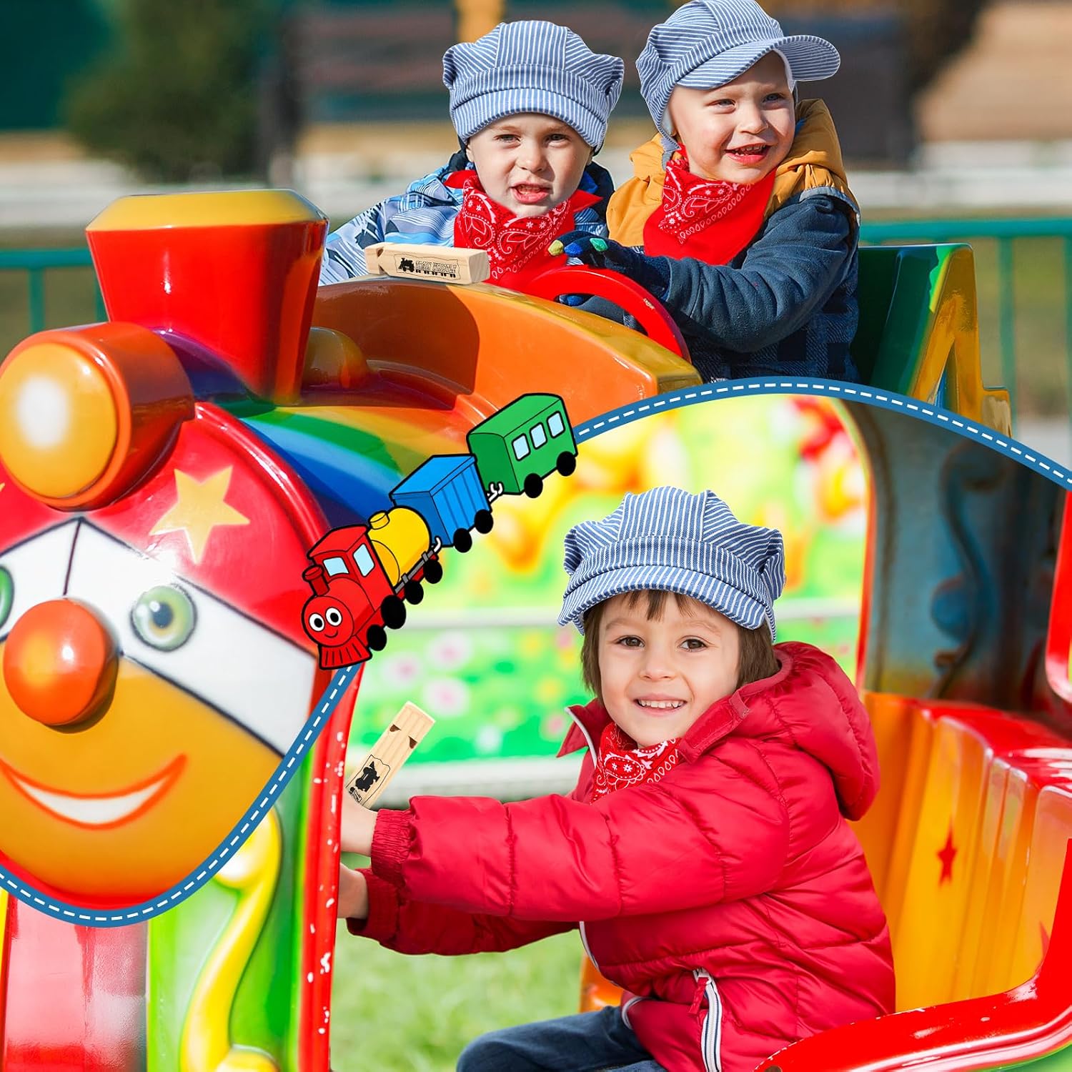 Lenwen Train Conductor Costume Kit Kids Include Train Engineer Hat Wooden Whistle Red Paisley Bandana for Career Day Cosplay