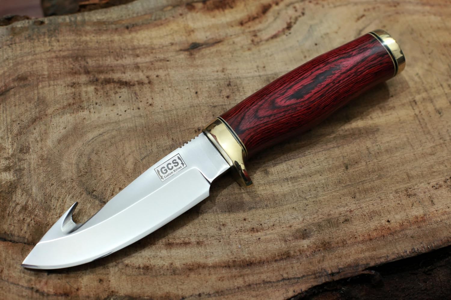 GCS Handmade D2 Steel Hunting Knife with Pakka Wood with Brass Guard Handle, Full Tang Blade, and Leather Sheath for Hunting Hunting Camping Survival EDC-GCS 928