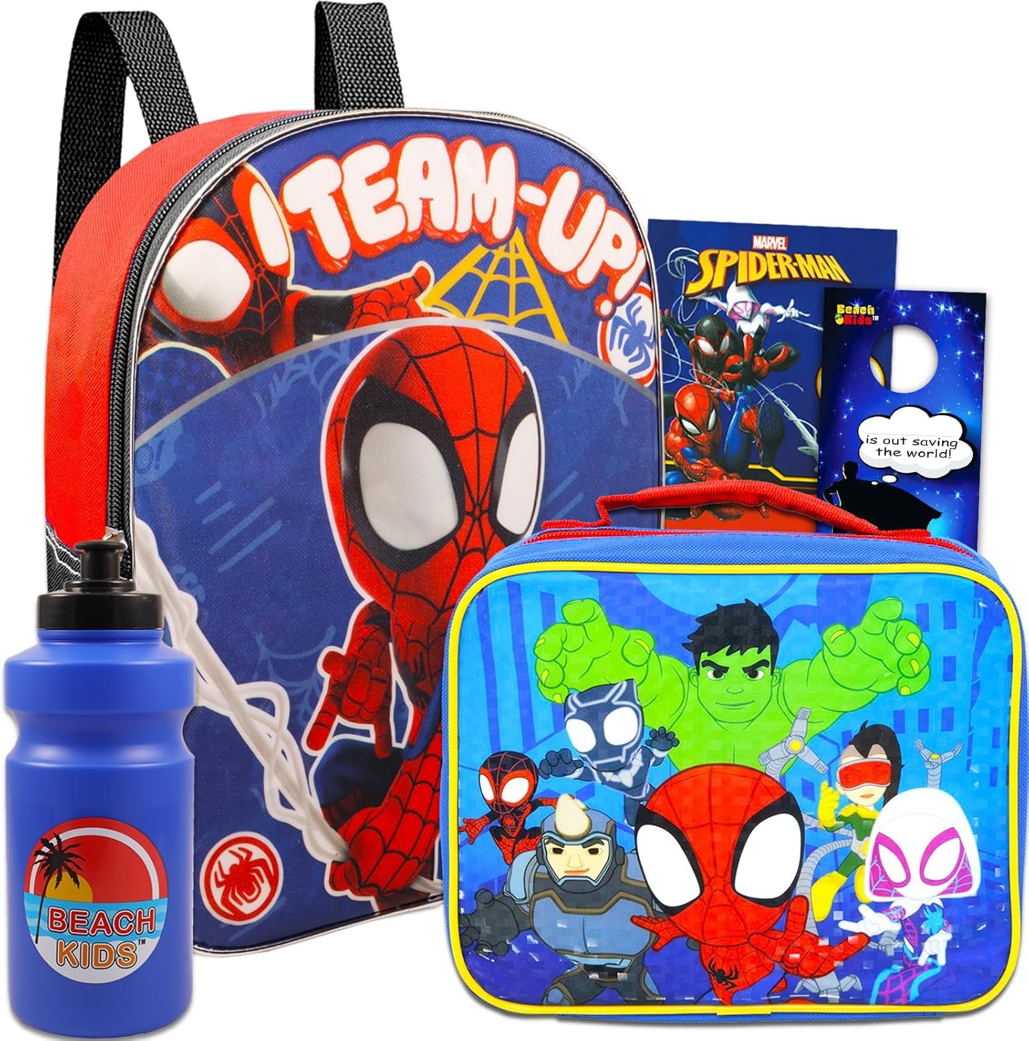 Spidey and His Amazing Friends Backpack and Lunch Bag Set - Bundle of 11" Mini Backpack, Lunch Box, Bottle, Tattoos, More Spiderman School Supplies