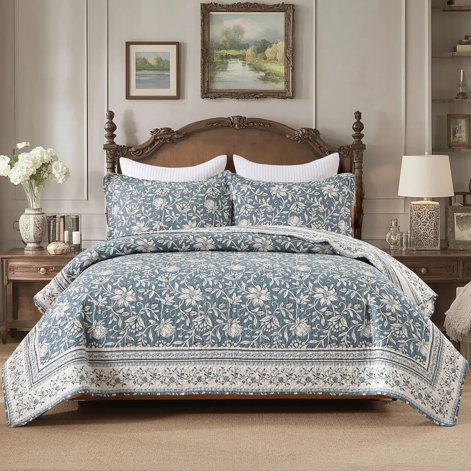 PERHOM King Size Quilt Set, 3 Pieces 100% Cotton King Quilted Bedding with 2 Pillow Shams, Farmhouse Vintage Floral Pattern, Lightweight Reversible Coverlet Bedspread, Blue/Off White