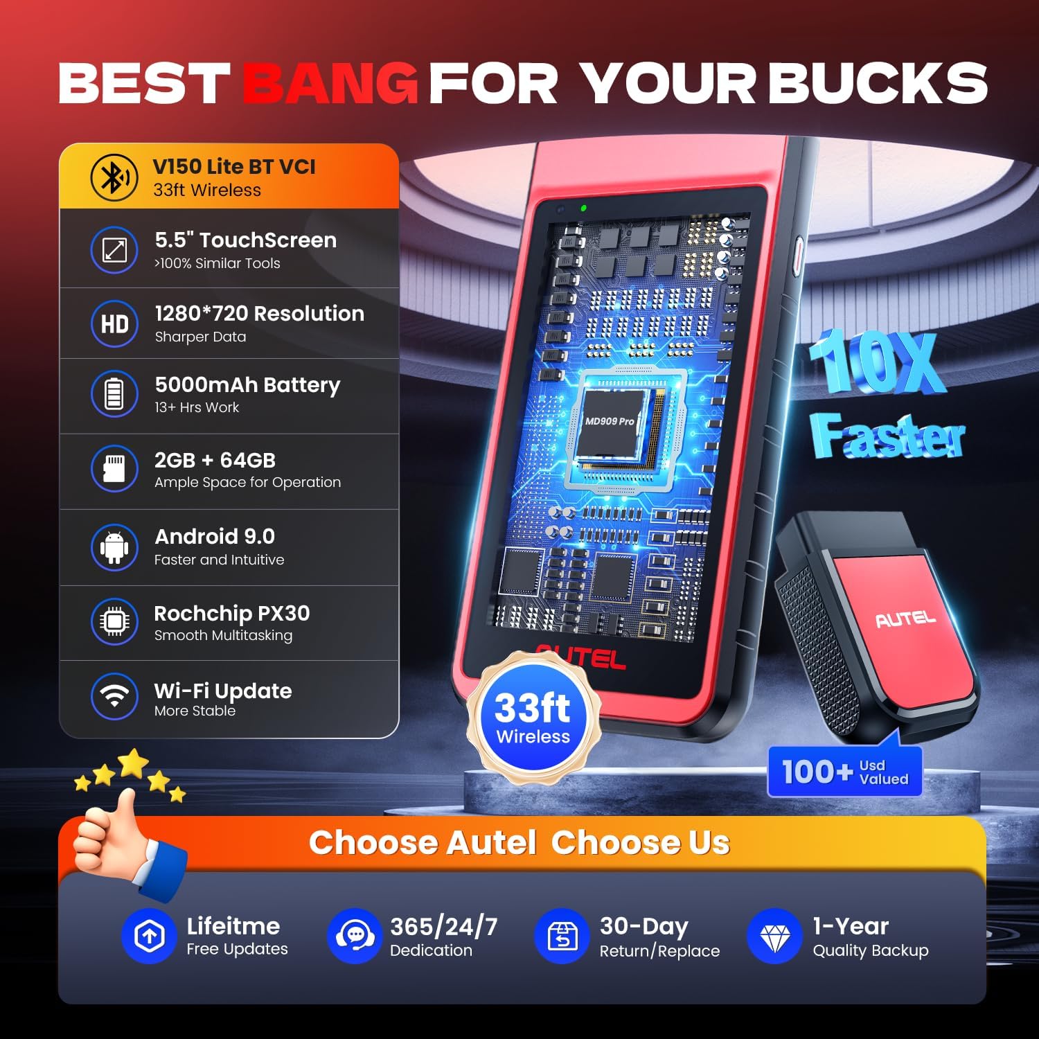 Autel OBD2 Scanner MaxiDiag MD909 PRO, 2026 MD909PRO Full Systems Diagnostic Scan Tool, 2.0 of MD906Pro MD808 Pro MD806, BT Lite of MK808S MX808S MX900 MK900, CAN FD, 11 Service, FCA, SFD, Free Update