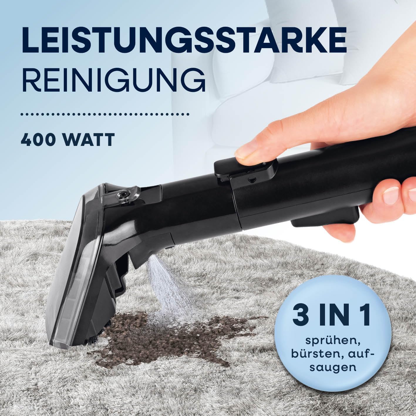 Hand operating CLEANmaxx Pro Spotcleaner nozzle, spraying and brushing a carpet
