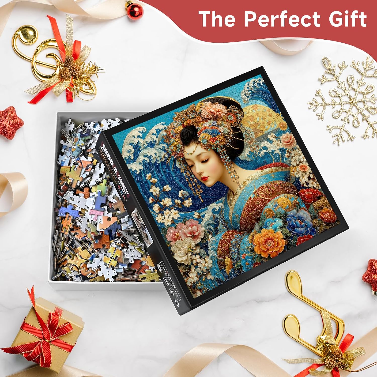 Japanese Geisha Mosaic Art 1000 Piece Jigsaw Puzzle for Adults - Traditional Ukiyo-e Inspired Scene with Poster & Lettered Back, 22.8" Square HD Quality, Unique Gift for Art & Culture Lovers