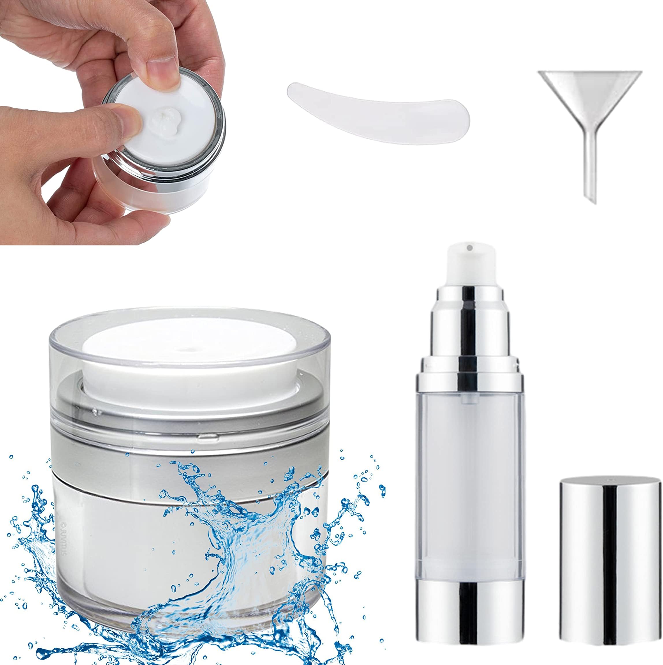 Sweet seven Refillable Cosmetic Containers Set - Includes 1x Airless Jar and 1x Airless Bottle and a Crescent Spoon and Funnel- Perfect for Storing Your Beauty Products