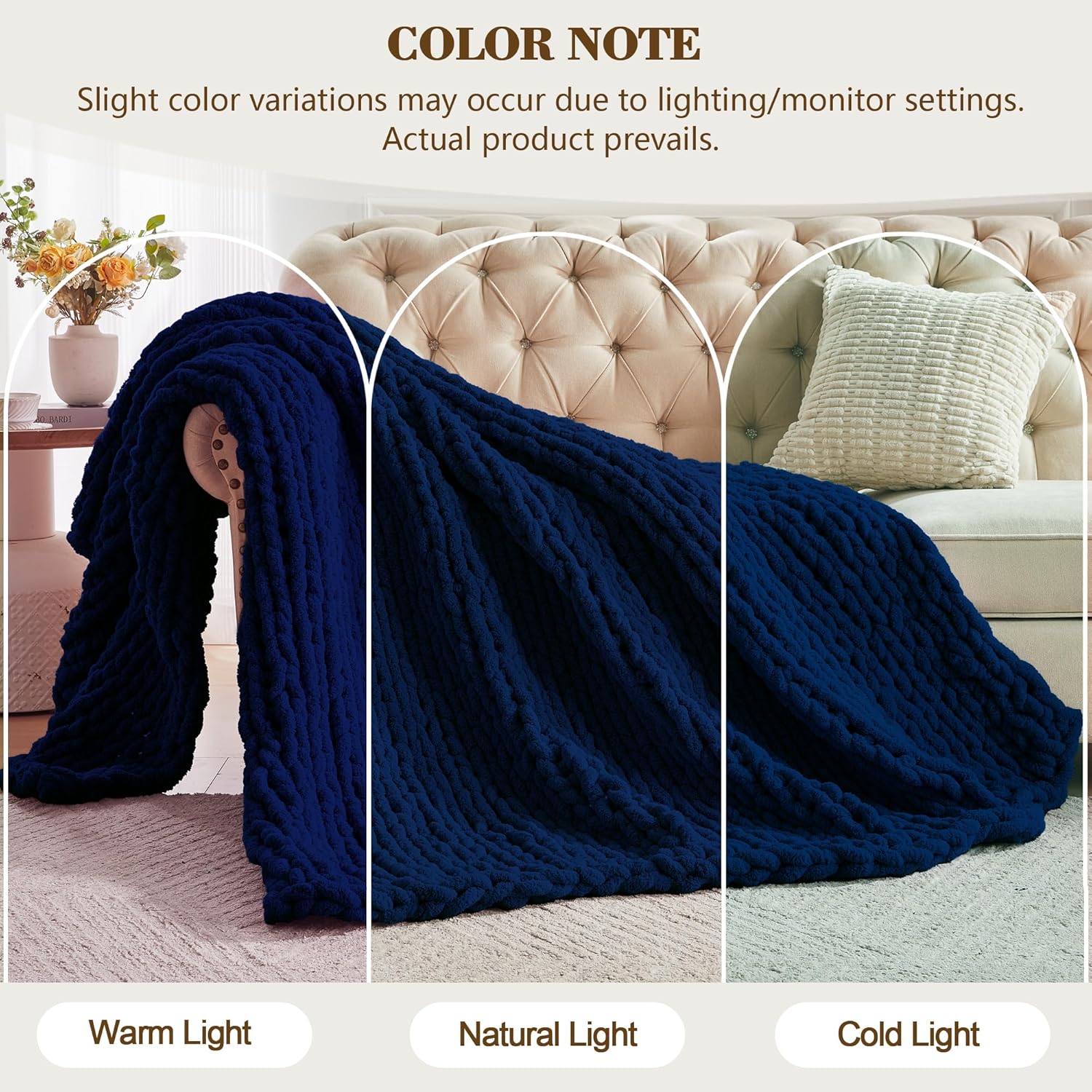 Carriediosa Chunky Knit Throw Blanket 50" X 60", 100% Hand Made Large Chenille Loop Yarn Soft Fluffy Throws for Couch Sofa Bed, Big Crochet Cozy Heavy Thick Cable Woven Blankets, Navy Blue - Image 2