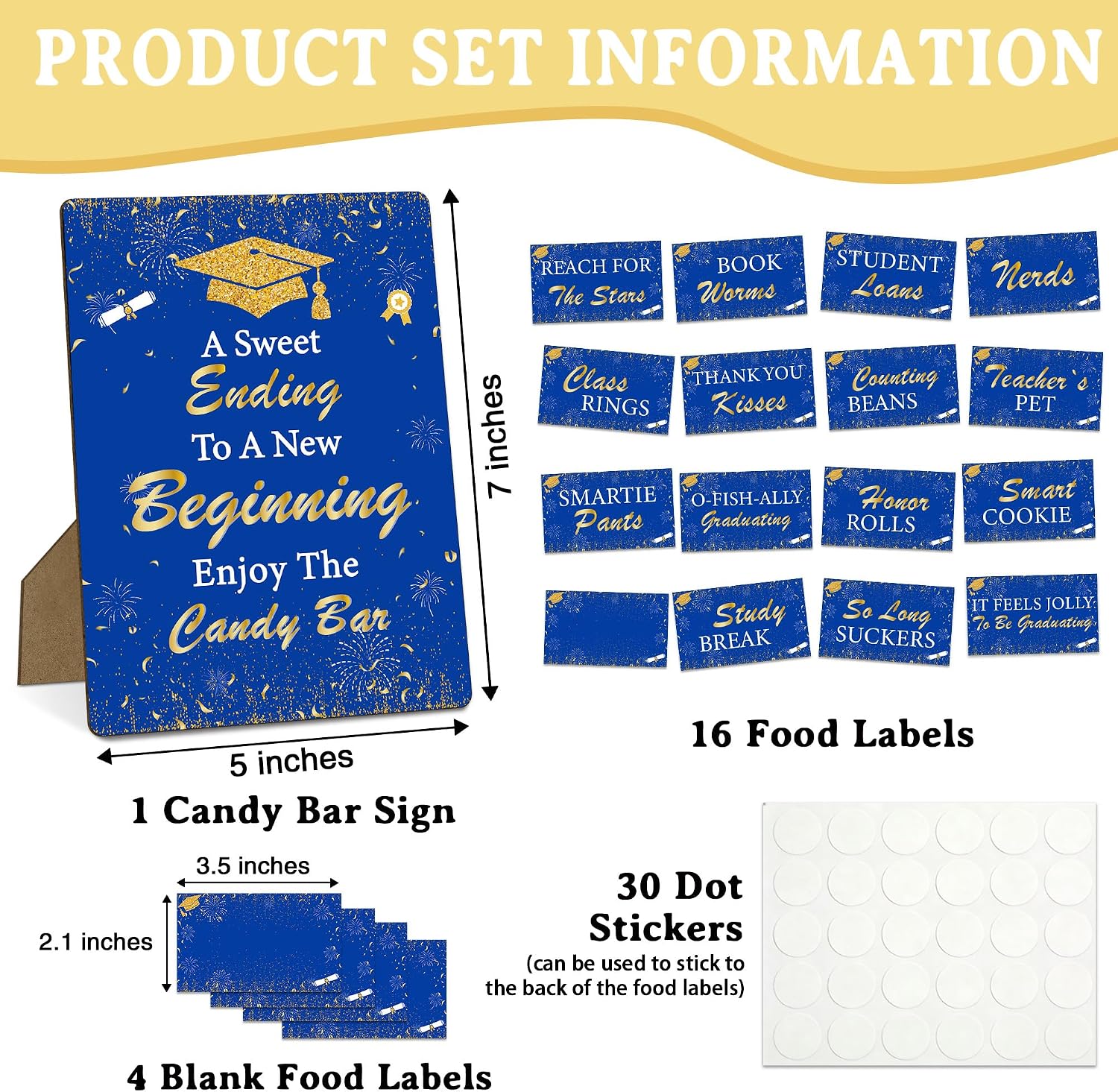 Graduation Candy Bar Signs, Blue And Gold Candy Bar Buffet Sets, Table Centerpieces Display For Graduation Party, Food Signs Labels Supplies For Grad Decorations, Dessert Table Decor, A05 image 2