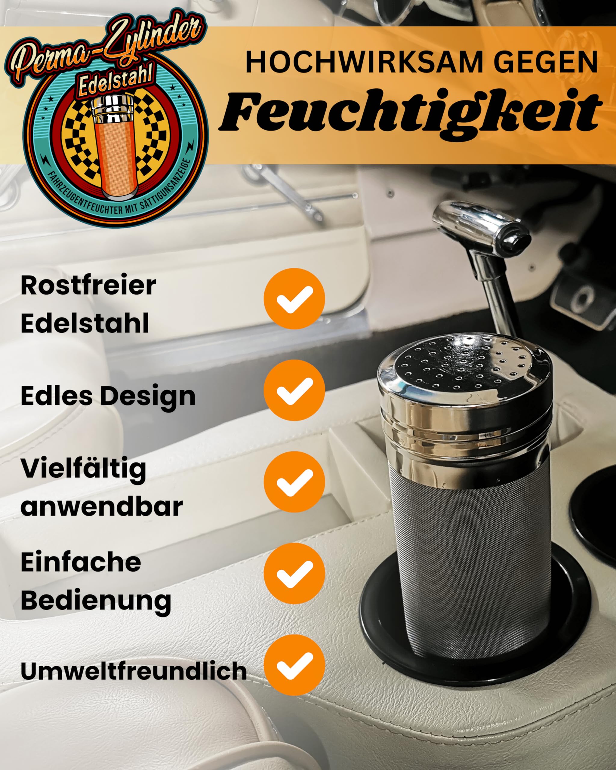 Deumidificatore con indicatore di saturazione per auto, auto d'epoca, campeggio, barca, antiappannamento, odori e ruggine, in acciaio inox, durevole, riutilizzabile, senza corrente
