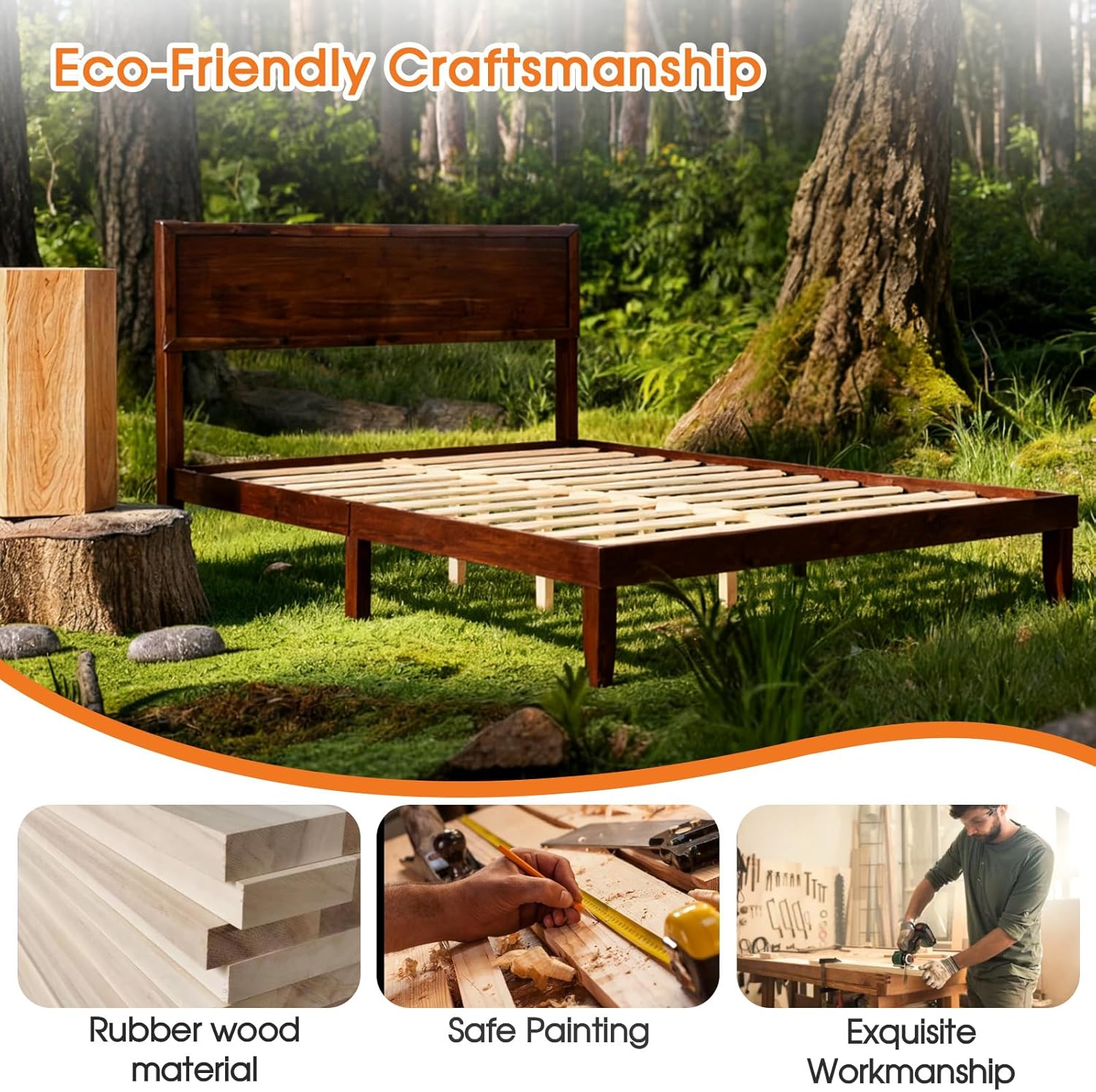 Wooden Bed Frame Queen Size, Wood Bedframe with Solid Headboard,Queen Platform Bed with 12 Wood Slats Support, No Box Spring Needed, Easy Assembly (Queen)