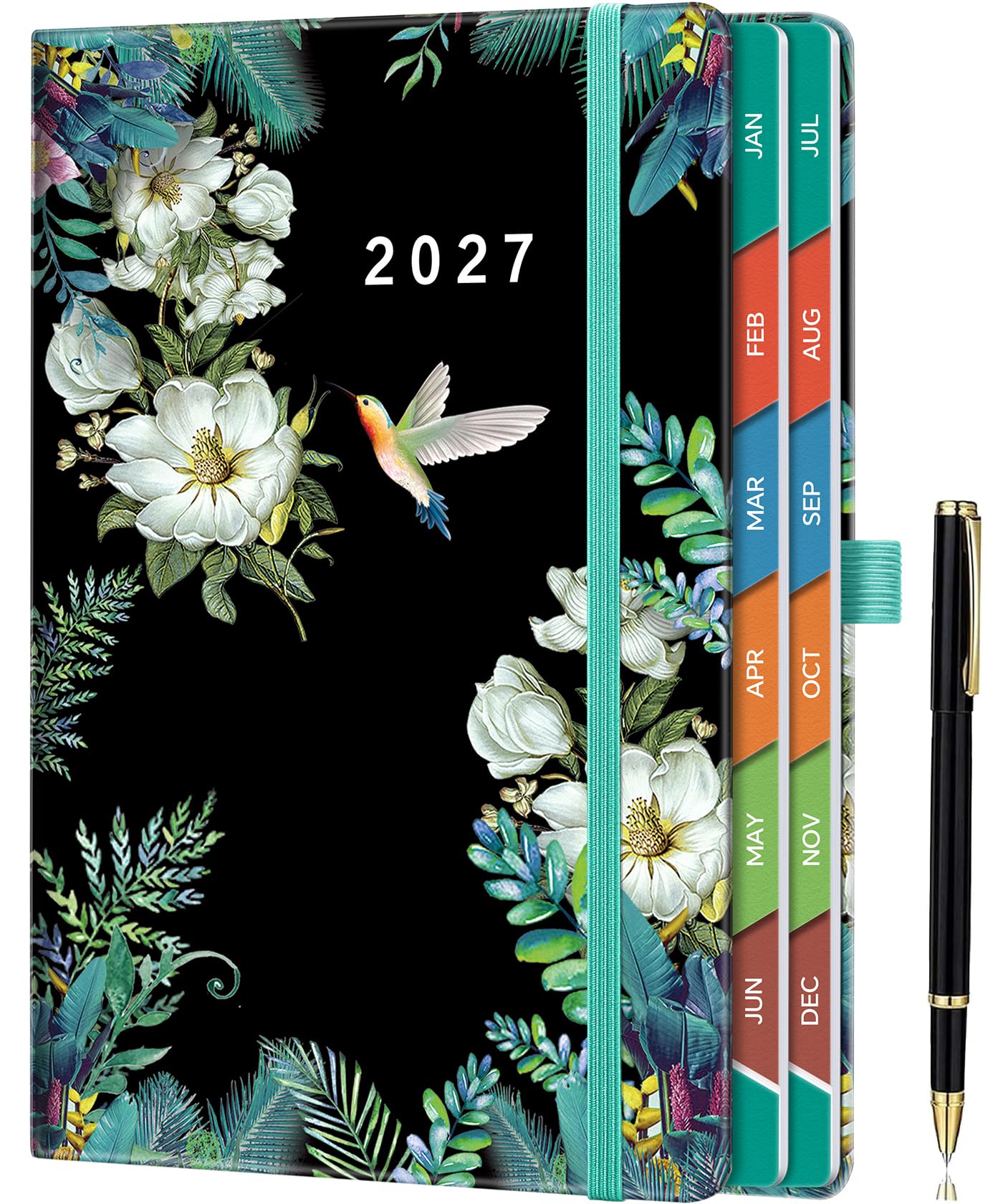 ZXHQ 2027 Diary Page a Day A5, Full Year Daily Planner, from Jan - Dec 2027 with Monthly View, 5.9" × 8.5", Colorful Tabs, UK Holidays, Inner Pocket, 100 Gsm Paper, Pen Set - Black Floral