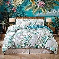 Vista 49 de FADFAY Juego de funda de edredón floral 100% algodón a rayas verdes y beige, ropa de cama de flores desgastadas con diseño de ramas botánicas