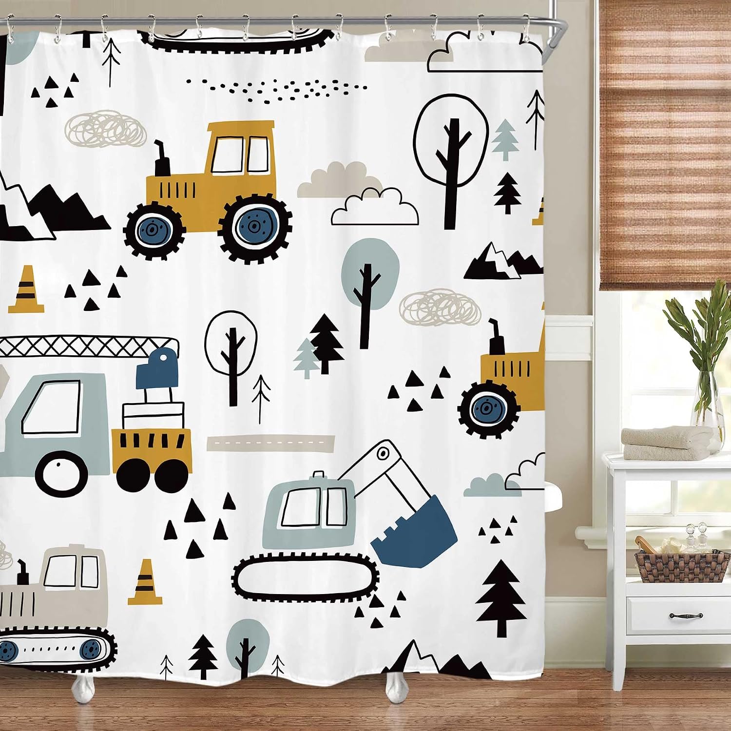 Riyidecor Construction Truck Shower Curtain for Bathroom Decor 72Wx72H Cartoon Excavator for Boys Kids Machinery Navy Blue Yellow Trees Art Printed Fabric Polyester Waterproof 12 Pack Plastic Hooks