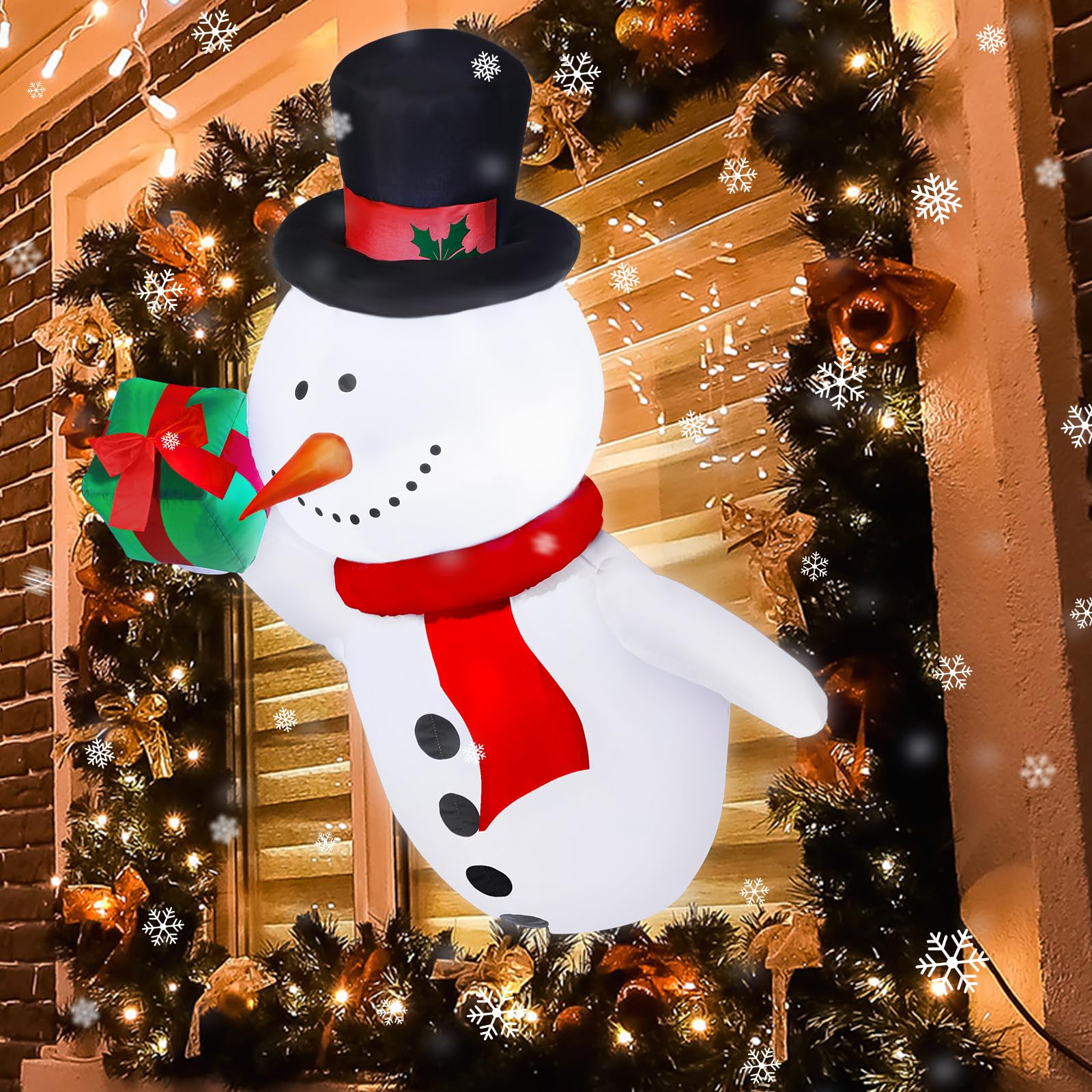 Wettarn Bonhomme de neige gonflable de Noël de 1,1 m avec boîte cadeau, décoration gonflable avec LED intégrée et ventilateur pour extérieur, cour, fête de Noël