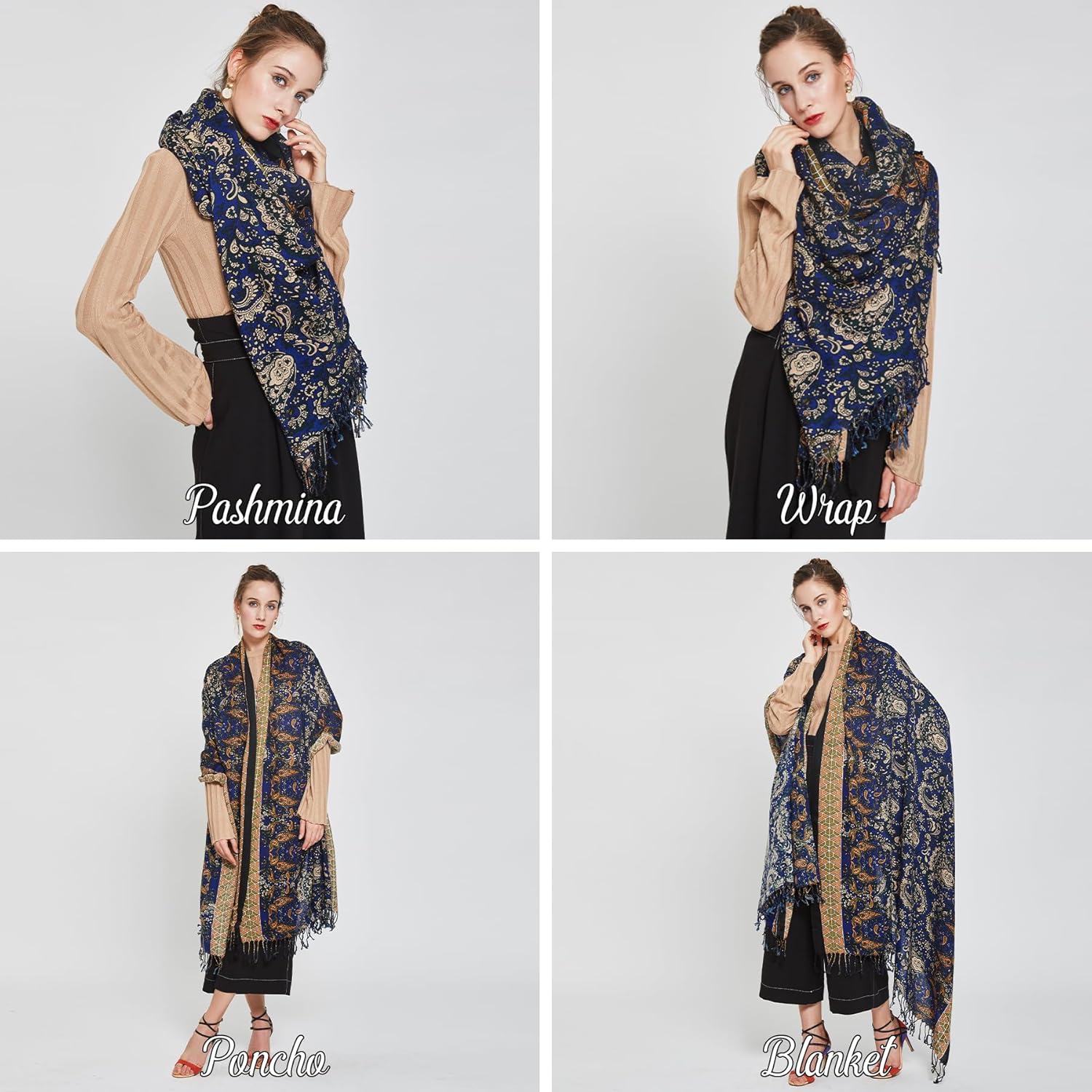 DANA XU 100% Merino Wool Pashmina Shawl for Women 96"x43", Oversized Cashmere Wrap with Tassels, Floral Travel Blanket Cape - Image 5