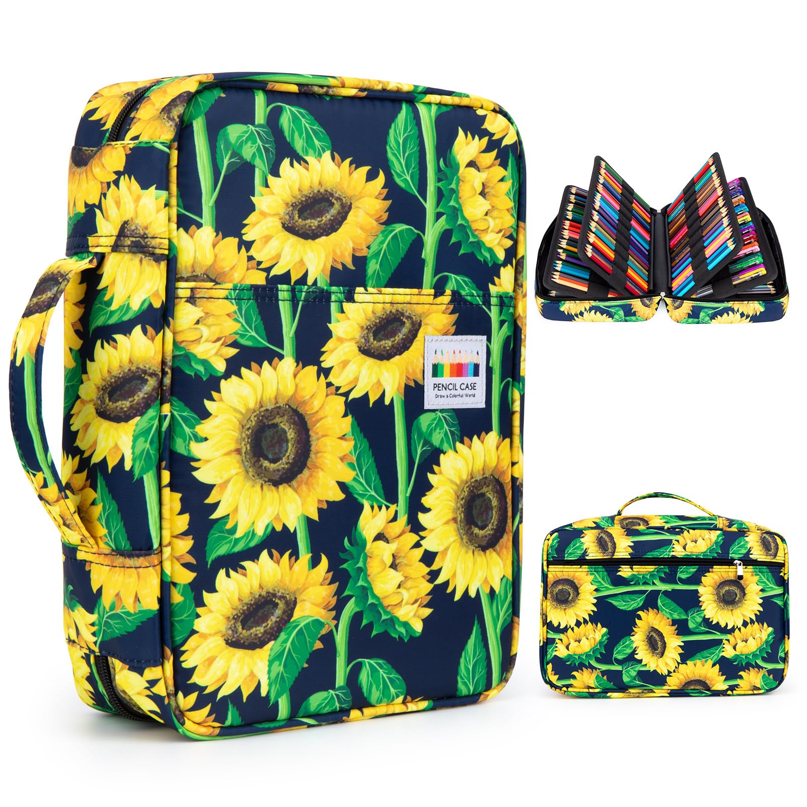 YOUSHARES 300 Slots Color Pencil Case - Pencil Holder with Handy Wrap & Zipper, Multilayer Holder for Prismacolor Colored Pencils & Gel Pen (Sunflower