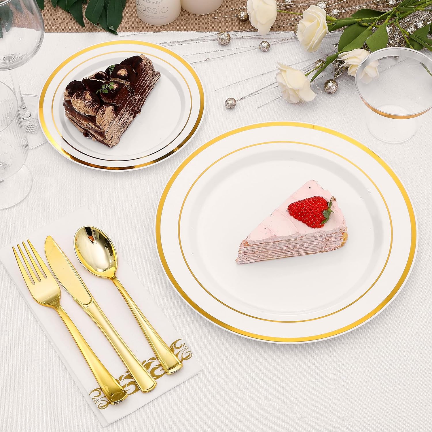 700-Piece Gold Rim Plastic Dinnerware Set for 100 Guests, Elegant Disposable Dinnerware for Party, Wedding. Includes Dinner Plates, Dessert Plates, Gold Silverware, Napkins, Cups