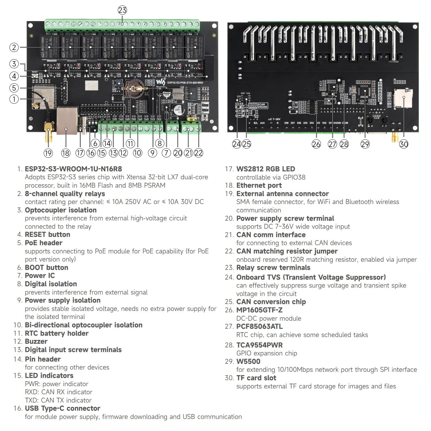 Waveshare ESP32-S3-ETH-8DI-8RO-C(Common Network Port), Industrial 8-Ch ESP32-S3 WiFi Relay Module, Isolated Can Interface, Xtensa 32-bit LX7 2-Core Processor, Up To 240MHz, Multi Isolation Protection