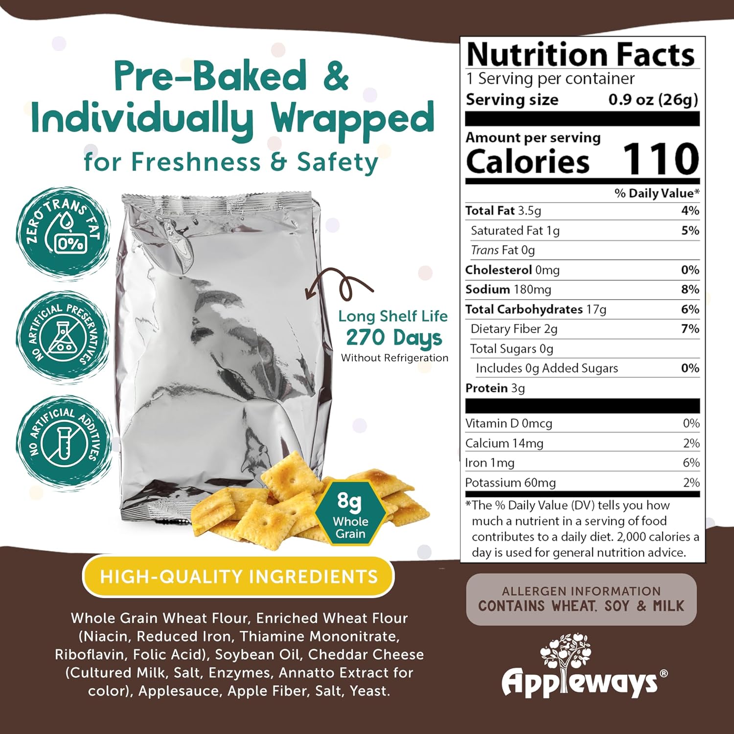 Appleways Cheddar Cheese Crackers, All-Natural Whole Grain Cheese Crisps, Healthy Crispy Cheese Snack, Kosher Certified, Made in USA, 4 Large Packs, 20 Oz