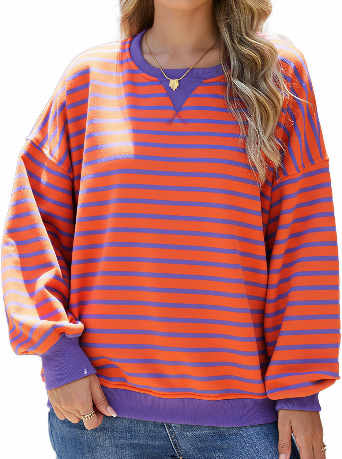 Fyralis Women's Striped Oversized Sweatshirt, Long Sleeve Crewneck Pullover Top, Casual Fall Clothes