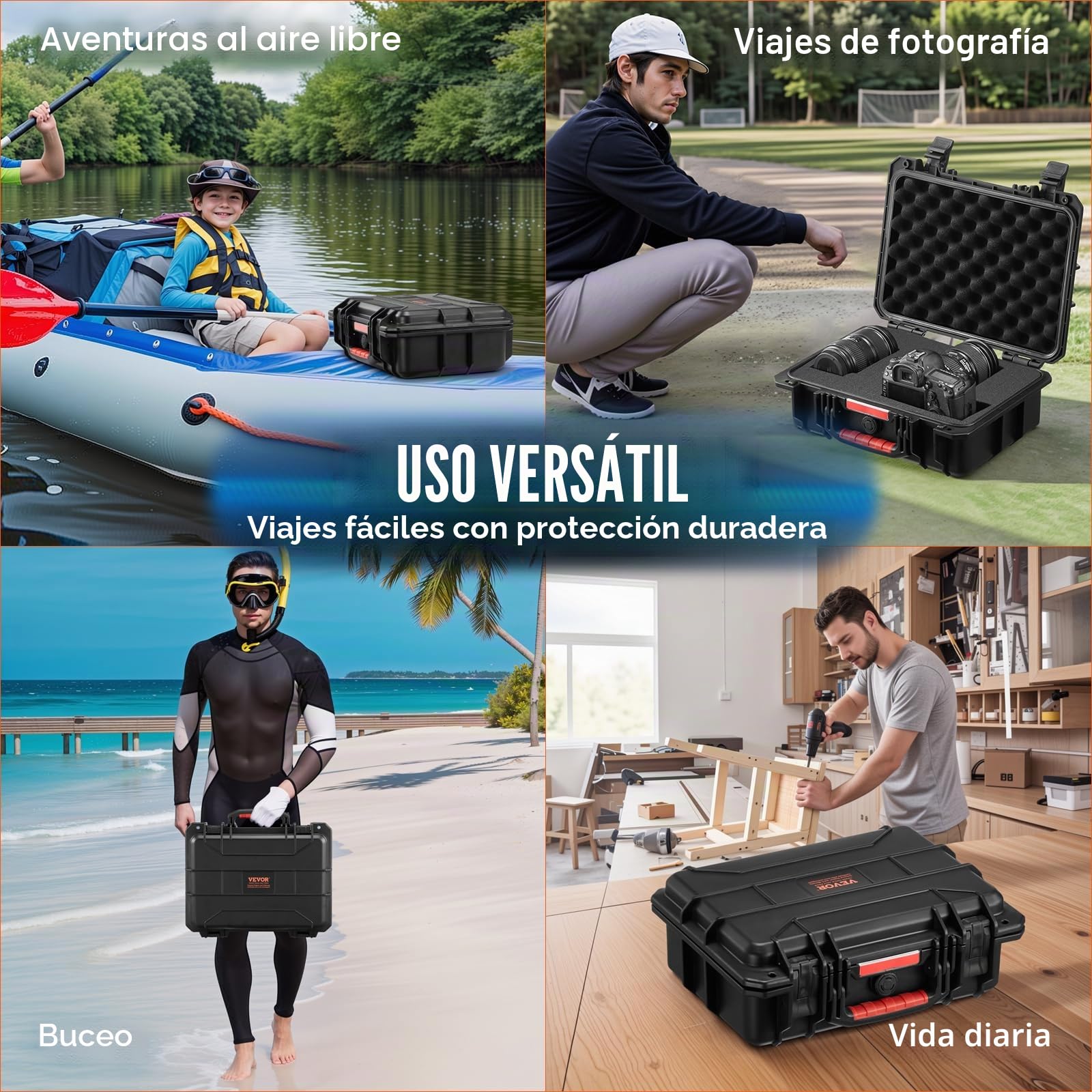 VEVOR Estuche Rígido Resistente a la Intemperie de 380 x 300 x 140 mm, Estuche Protector Resistente con Espuma Precortada y Asas Retráctiles para Viajes, Caza, Uso Militar, Táctico, IP67, Negro