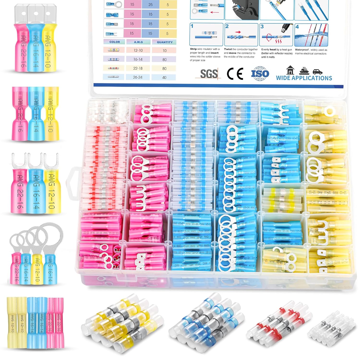 Kuject 500PCS Heat Shrink Wire Connectors Kit, 2-in-1 Electrical Wire Terminal Set, Waterproof Solder Seal Connectors, Insulated Spade Butt Splice Ring Fork Terminal for Marine Truck and DIY User