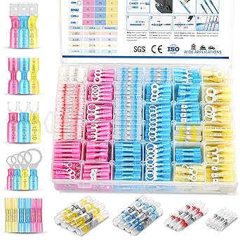 Kuject 500PCS Heat Shrink Wire Connectors Kit, 2-in-1 Electrical Wire Terminal Set, Waterproof Solder Seal Connectors, Insulated Spade Butt Splice Ring Fork Terminal for Marine Truck and DIY User