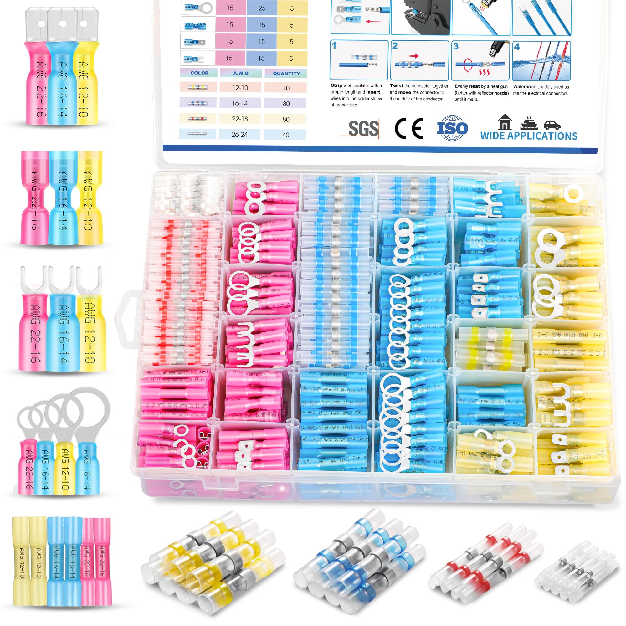 Kuject 500 connettori termorestringenti per cavi, kit di connettori per cavi elettrici multiuso, connettori terminali con guarnizione a saldare impermeabile, connettori isolati a forcella ad anello a
