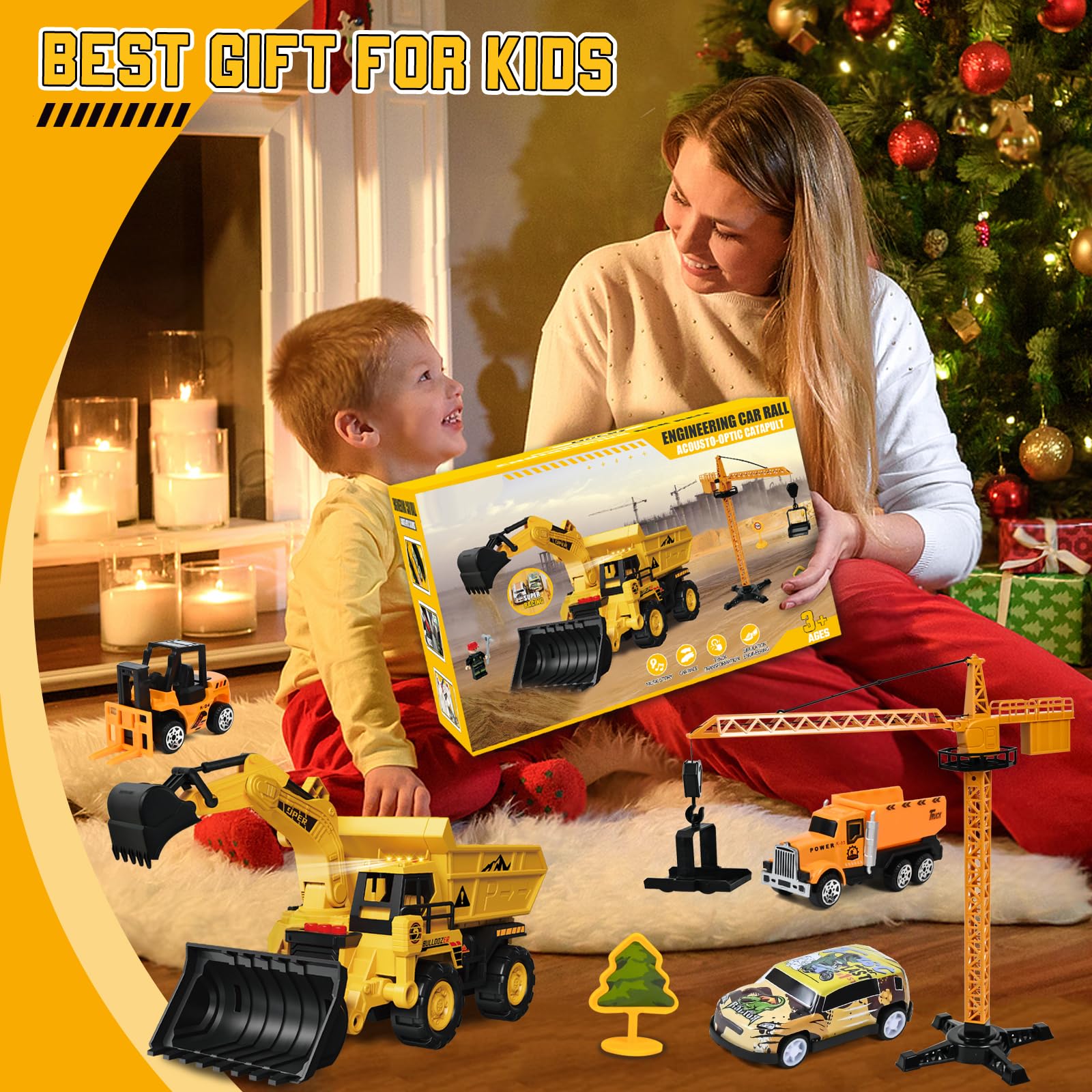 Joellfuner Vehículos de Construcción para Niños, Construcción Camión Vehículos de Juguete para Niños con Efectos de Música y Luces, Excavadora de Juguete Transformable Regalo para 4 5 6 7 8 9 + Años