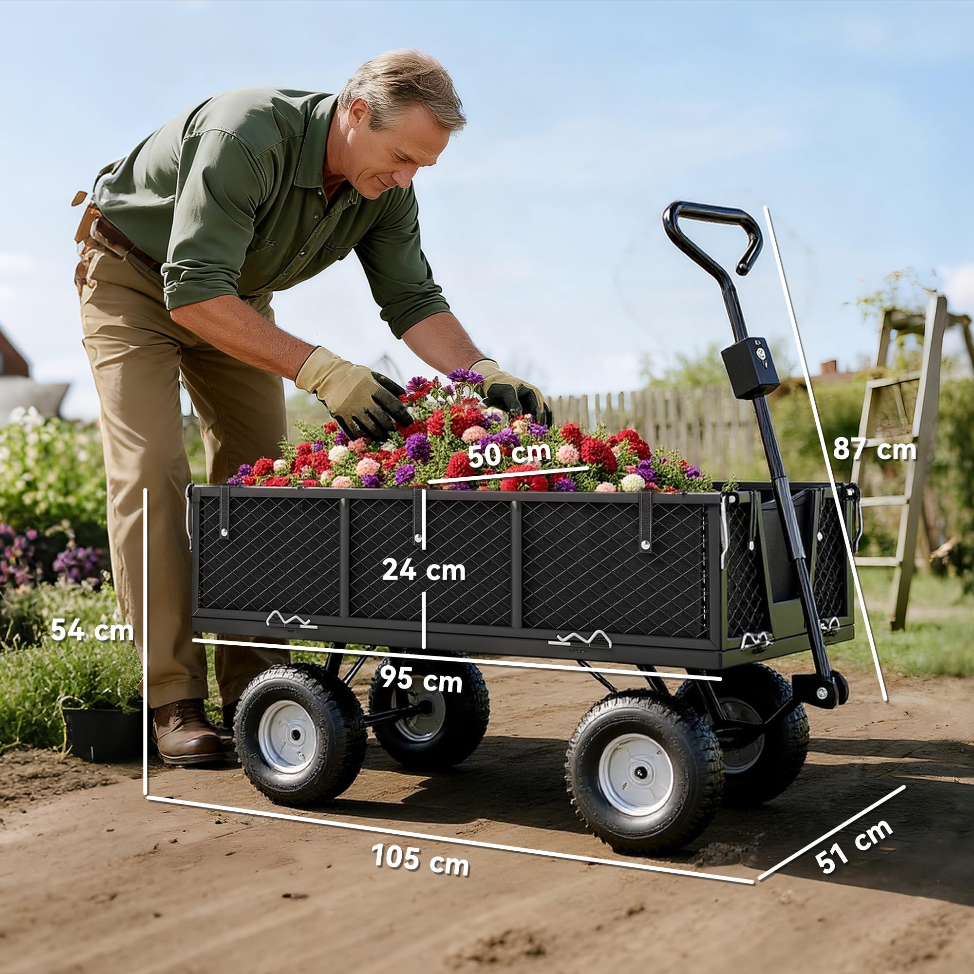 Outsunny Gartenwagen 300 kg Luftreifen Herausnehmbare Plane Schwarz | Transportwagen, Griff, Rädern, Lenkachse, Bollerwagen, Handwagen, Gartenkarre, 114 L, Gerätewagen, für Haus Garten