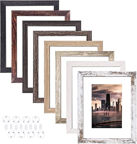 Juego de 8 portarretratos de 8 x 10 pulgadas, rústicos con múltiples patrones de madera, cubierta de plexiglás HD, para exhibir fotos de 5 x 7 con
