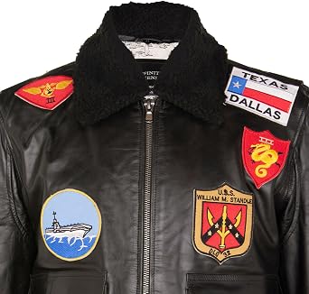Men's Air Force A2 Flight Leather Bomber Jacket with Sheepskin Collar and Patches