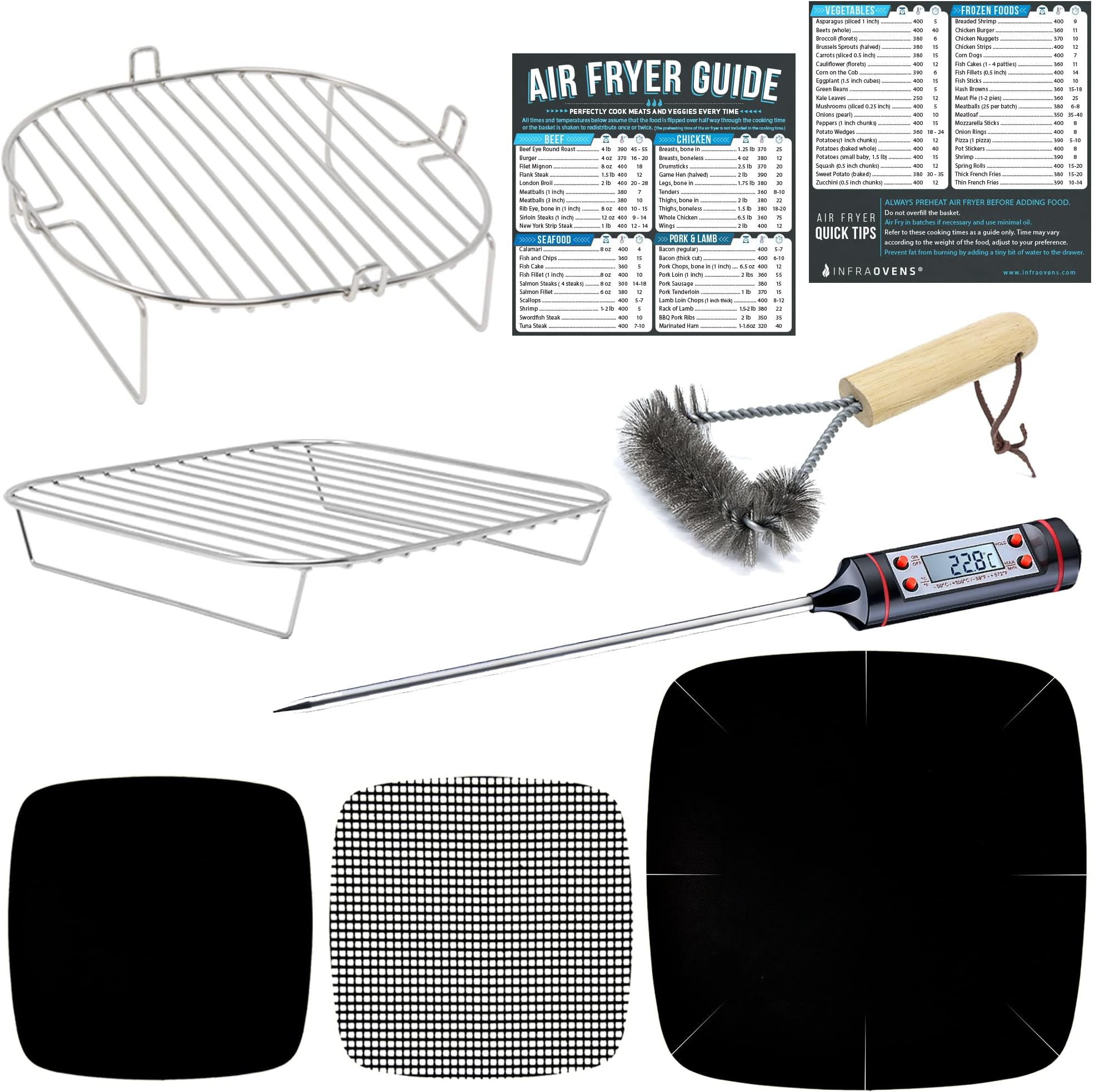 Air Fryer Rack Accessories Set of 2 Compatible with Chefman, Cosori, Dash, Bella, Comfee, Nuwaveยฎ + More, Stainless Steel Rack, Air Fryer Reusable Mats, Cheat Sheet Magnets, Thermometer + Grill Brush