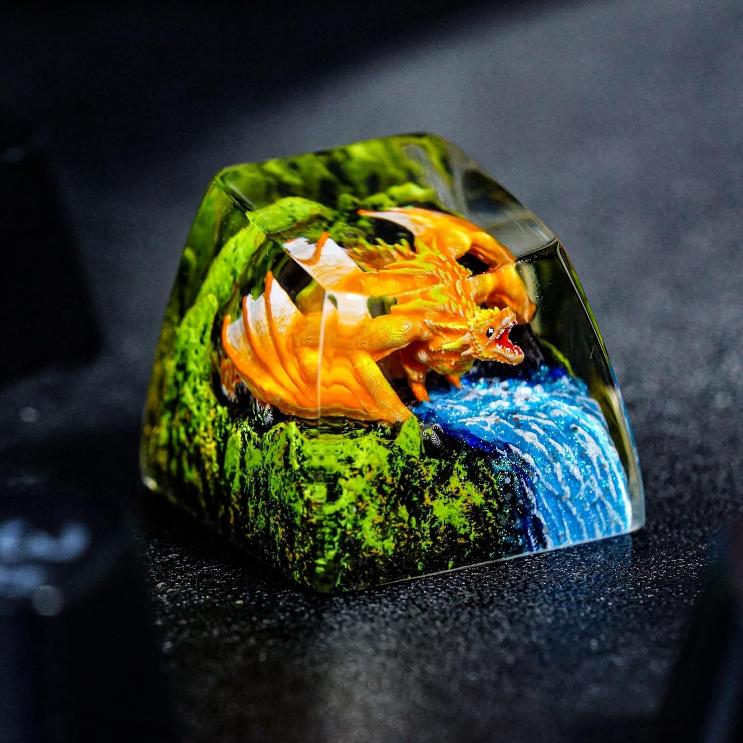 Orange Dragon with Waterfall Artisan Keycap R1 SA Profile Custom Fantasy Dragons Keycaps 1U ESC Handmade Gaming Resin Key cap Cherry MX Switch Compatible Mechanical Keyboard Gift for Dragon Lover