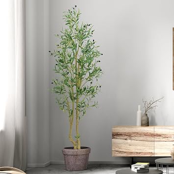 HZXGCP 6FT Artificial Olive Tree Indoor, Fake Olive Tree with White Pot, Faux Olive Tree with Dense Leaves & Realistic Fruits, Tall Artificial Plant for Home Living Room Office Entryway Decor