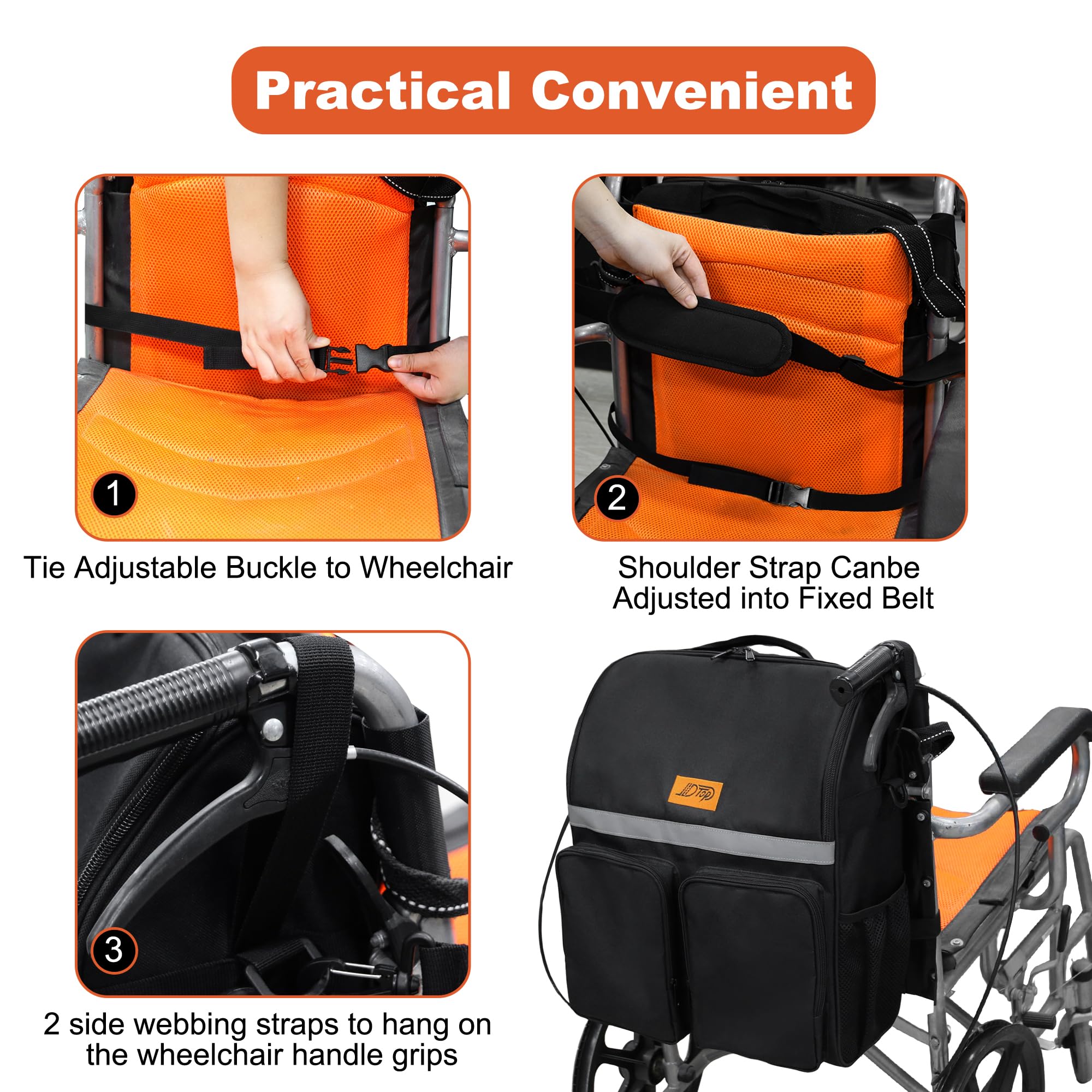 Mochila para silla de ruedas, bolsas para colgar en la parte posterior para usuarios de sillas de ruedas, bolsa impermeable para accesorios de silla de ruedas con tiras reflectantes (negro)