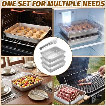 3 Pcs Stainless Steel Baking Trays Set, 25x20x5cm Deep Baking Sheet Pan, Rectangle Cake Tin Cooking Tray, Roasting & Food Storage, with Lids & 7 Food Tongs, for Fried Foods, Vegetables, Fruit, Bread