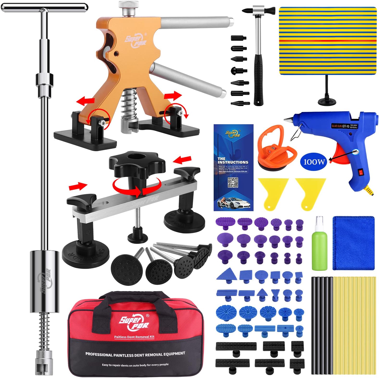 Fly5D Paintless Dent Repair Tool Kit 74 PCS Full Set Car Dent Removal Tool with Gold Dent Puller Lifter, Bridge Puller, T-Bar Puller for Repairing Big Dents, Small Dents, Dings and Hail Damage