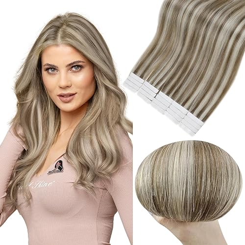 Full Shine Tape in Human Hair Extensions 20 Inch Real Hair Tape in Hair Extensions Color 8 Ash Brown Highlighted 60 Platinum Blonde Double Sided Skin Weft Tape in Extensions 50Gram 20Pcs