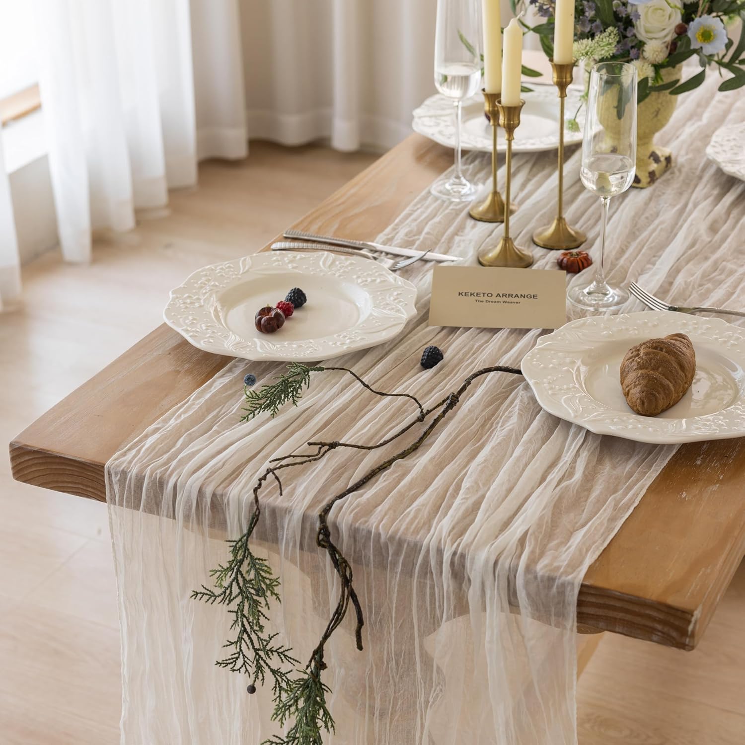 Keketoarrange White Ivory Table Runner Sheer Table Runner French Country Decor Rustic Gauze Bali Yarn Cheesecloth 120 Inch 10 FT Cheese Cloth for Wedding Baby Bridal Shower Party Home Decorations - Image 4