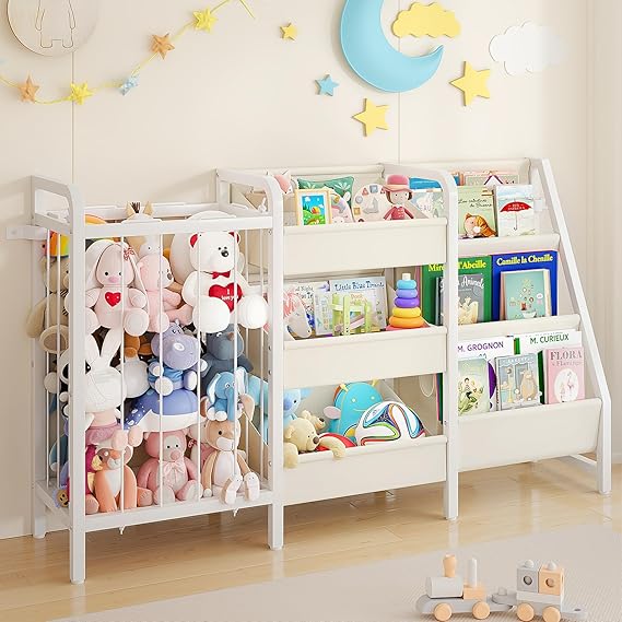B2 Kids Bookshelf and Toy Storage, 3-Tier Book Shelf for Kids Rooms, Sling Toddler Book Shelves with Stuffed Animal Storage, Montessori Baby Bookcase for Nursery, Bedroom, Playroom, White